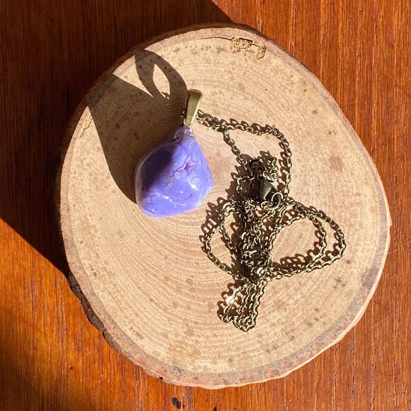 Purple Blue Polished Stone Pendant Necklace on 22 inch Antique Bronze Chain - Picture 4 of 10